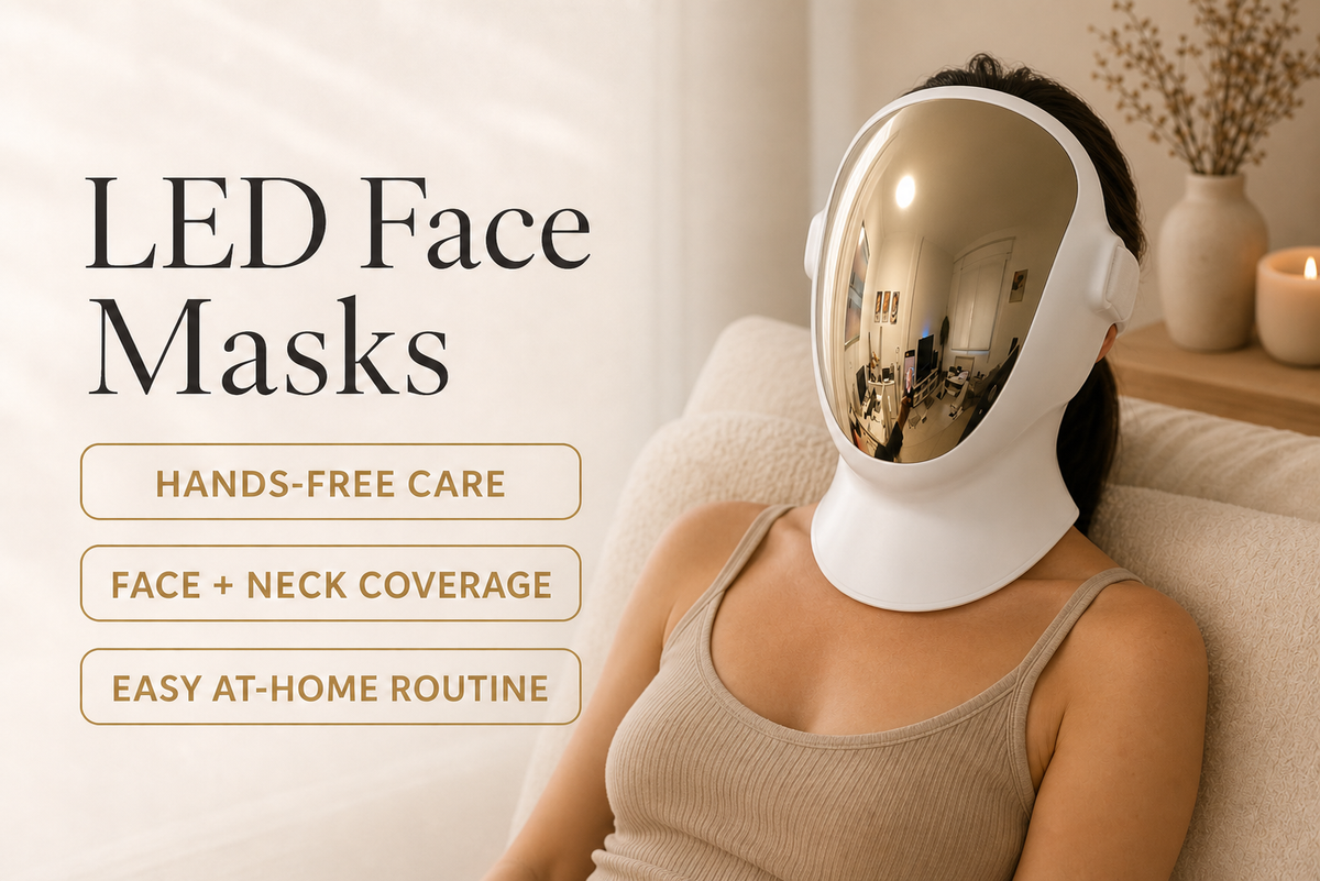 Woman wearing the Auren House full-face LED mask with integrated neck guard