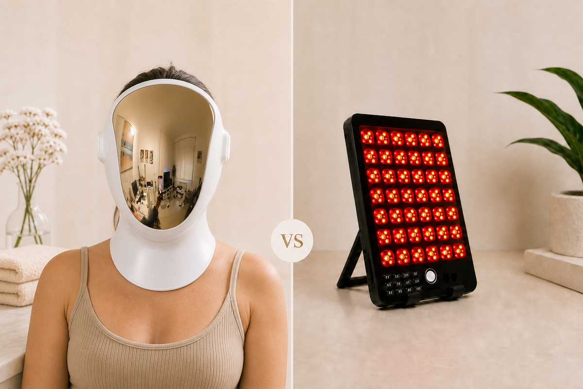 Auren House full-face LED mask worn by a person versus an LED panel