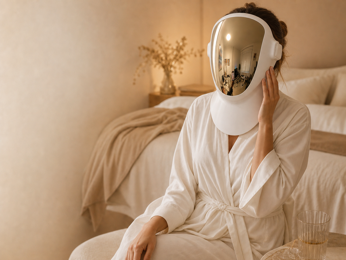 Woman wearing the Auren House full-face LED mask with its integrated neck guard